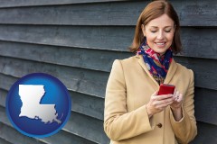 louisiana map icon and middle-aged woman using a cell phone