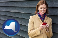 new-york map icon and middle-aged woman using a cell phone